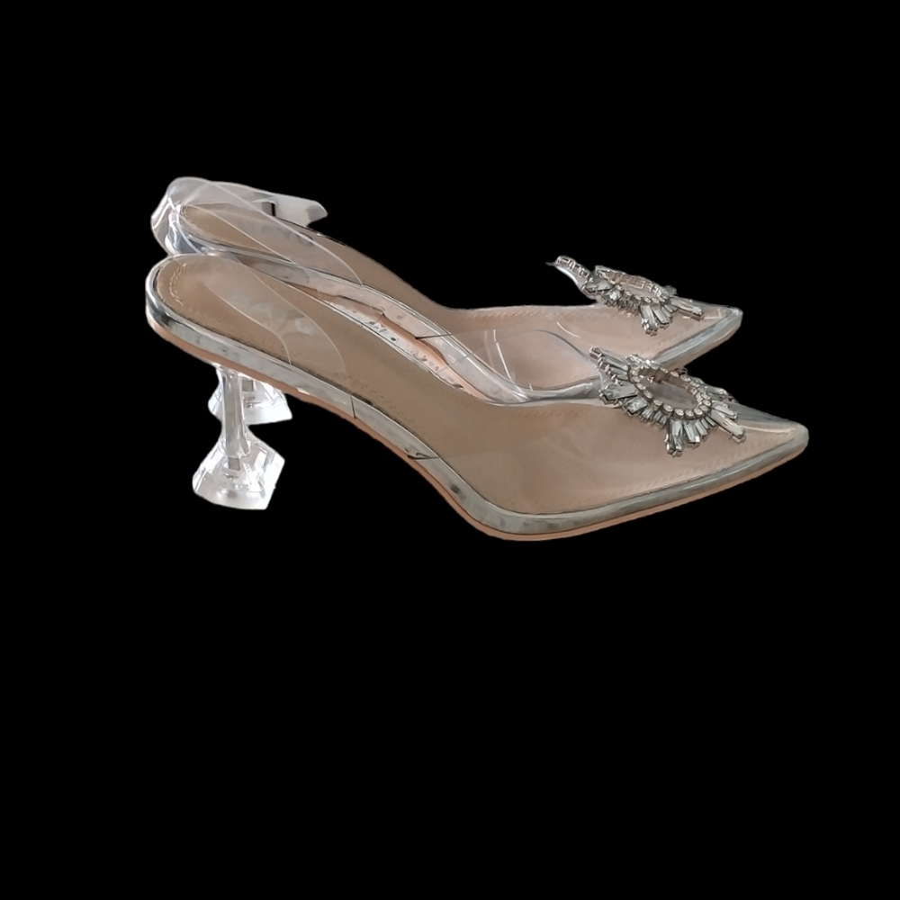 BAYQ Clear Rhinestone Pointed Toe Heels | Silver PVC Wedding Pumps BNIB - Picture 4 of 7